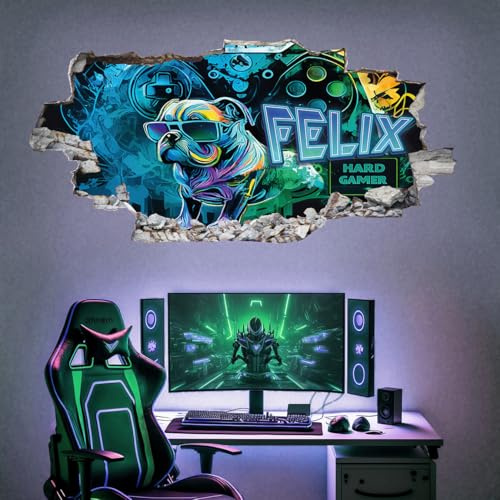 tjapalo® xp5 Gamer Wandtattoo gaming zimmer 3D Wandtattoo Kinderzimmer jungen Bild gamer Wandbild gaming Wandtattoo Gamer mit Name personalisiert Hard Gamer, Größen Name: B100xH58cm