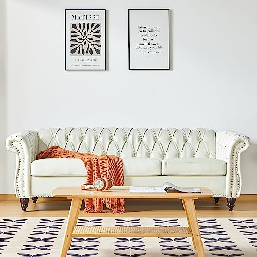 RUSTYER Chesterfield 3 Seater Sofa, Modern Leather Tufted Couch 3 Seater with Rolled Arms and Nailhead Mid-Century Upholstered Couch for Living Room, Bedroom, Apartment and Office, White