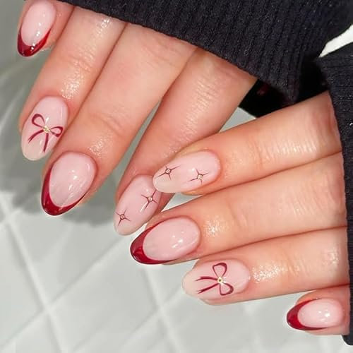 Red French Tip Almond Press On Nails - Short With Bow and Star Designs - Ellipses Acrylic Full Cover Natural Stick On Nails - Glossy Burgundy Fake Nails for Women Art