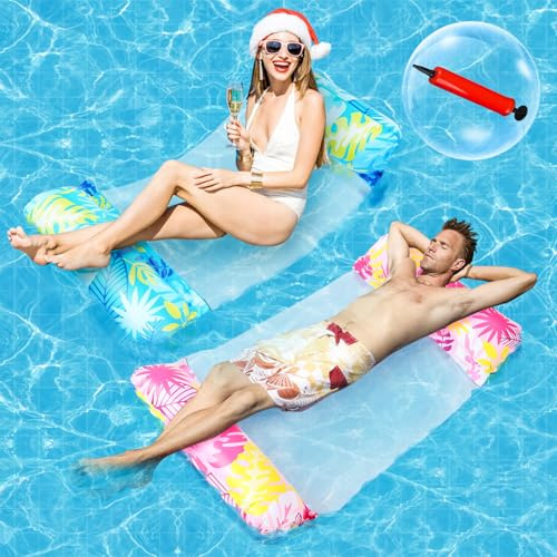 2 Pack Pool Inflatables Water Hammock for Adults, 4 in 1 Multi-Purpose Lilo Inflatable Pool Float Hammock with Air Pump, Swimming Pool Float for Beach Pools