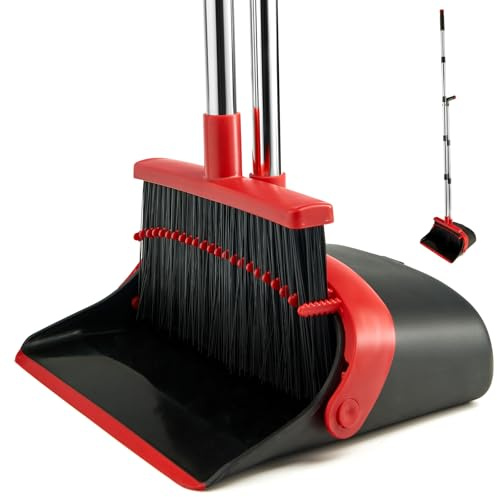 XXFLOWER Broom and Dustpan Set for Home, Broom with Dustpan Cleaning Teeth Combo Set, Indoor Sweep Broom with Long Handle for Office Home Kitchen Lobby Floor (Black Red)