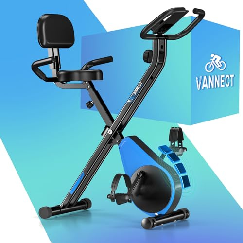 VANNECT Vélo d'appartement pliable Ergomètre avec 16 niveaux de résistance magnétique, capteur de pouls, charge maximale 160 kg, dossier et siège réglables, vélo de fitness pour la maison et le bureau