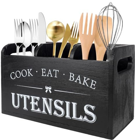 LUFEIS Kitchen Utensils Holder, Wooden Utensil Organizer with 3 Compartments, Rustic Cutlery Holder, Multifunctional Utensils Holder with Drainage Bottom, Wooden Cooking Tools Storage for Countertop