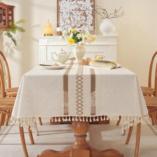 Lifetooler Tovaglia Antimacchia Rettangolare Cotone Lino Copritavolo Moderno Elegante Ricamata Tovaglie Impermeabile per Esterno,Soggiorno,Cucina Decorazione del Tavolo(Beige,140x140cm)
