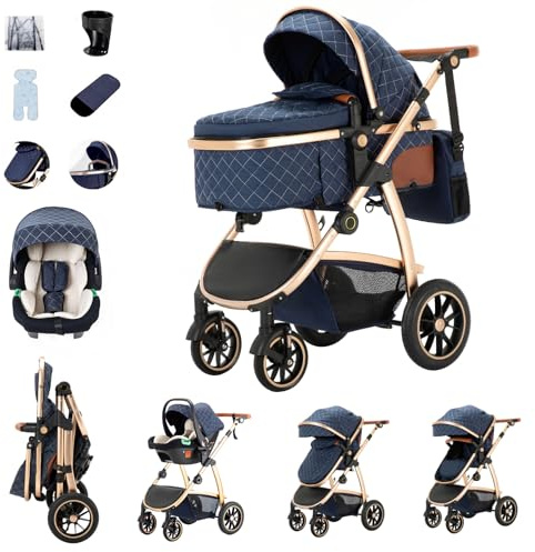 Zkiprm Kinderwagen 3 in 1, Reisesystem mit Autositz, Buggy mit verstellbaren Armlehnen, Kombikinderwagen mit Regenpolster, Moskitonetz, Aluminiumrahmen, Straßenwagen für 0-4 Jahre, Blau