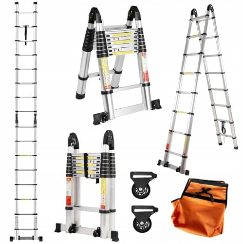 Hooha Teleskopleiter4.2m/5.8m/6.6m Step Ladder für Wohnmobil Wohnmobil-Leiter für Reisen Aluminium Ausziehleiter Strapazierfähig rutschfeste mit Räder für Dachboden Max Belastung Tragkraft 150 kg