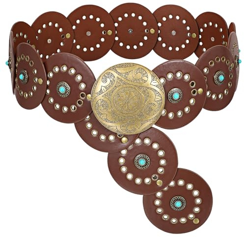 VONMELLI Cintura in Pelle Occidentale per Donna Concho Cowgirl Cinture a Disco Donna Ampia Cintura in Vita Boho Country per Abito Marrone (Fibbia Bronzo) S