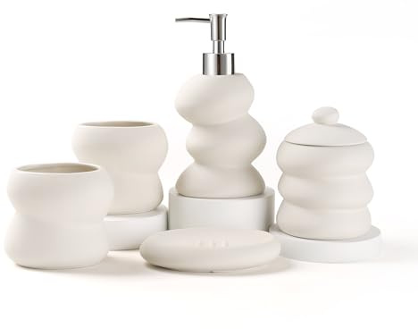 ANTIS'S HOME Set di accessori da bagno in ceramica, set da 5 pezzi – Set da bagno piccolo di forma irregolare beige, decorazione minimalista per casa, appartamento e bagno moderno