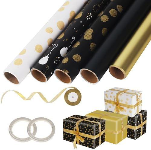Rotoli Carta Regalo Nera Oro, 43x300 cm Carta da Imballaggio Nera e Dorata con Nastro e Biadesivo, Carta da Imballaggio e Dorata per Natale, Compleanni, Matrimoni