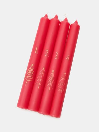 Juego de velas de Adviento rojas – 4 piezas numeradas 1-4 con árboles de Navidad dorados – Velas cónicas decorativas para corona / centro de mesa – Idea de regalo y decoración navideña