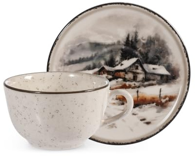 H&H Set 2 Tazze da Tè/Cappuccino in Stoneware 200cc con Piattino – Decoro Silent Snow, Beige Puntinato con Bordo Nero, Paesaggio Montano Innevato con Casette, Perfette per l’Inverno