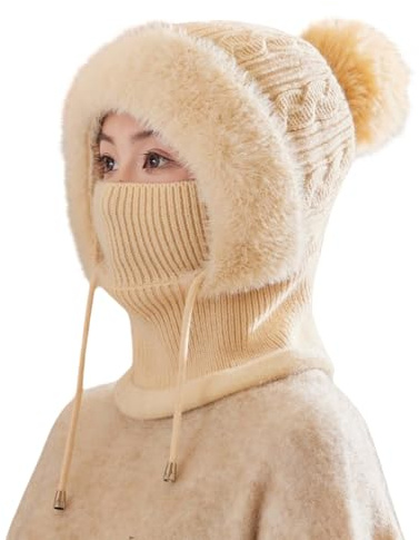 Generisch Mütze Damen Wintermütze Balaclava Damen 3 in 1 Beanie Mütze Warm Strickmütze & Halswärmer Sets Multifunktional Verstellbar Gesichtsmaske für Täglich und im Freien Wintermütze
