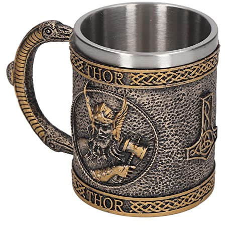 KENANLAN Boccale di Birra in Resina Vichinga Dipinta a Mano in Acciaio Inossidabile per Bar di Casa, Boccale Decorativo in Stile Medievale retrò in Bronzo Antico 3,5x4,1 Pollici,