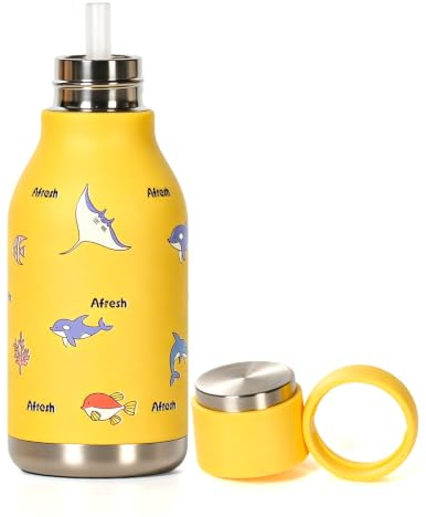 pluseight Borraccia termica per bambini con cannuccia, 450 ml, senza BPA, a doppia parete, in acciaio inox 18/8, a prova di perdite, per scuola, viaggi, ragazzi e ragazze (giallo oceano)