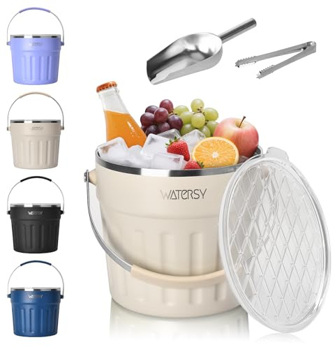 WATERSY 7.6L Ice Bucket with Lid and Ice Tongs, Scoop |Double Walled Insulated Ice Bucket |Stainless Steel Bucket for Cocktail Bar, Parties, Chilling Wine, Champagne (Beige)