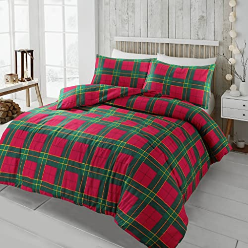 INSAFIANS Elegant Tartan Flannel Duvet Cover Set Soft & Warm Bedding 100% Brushed Cotton With Pillowcases (double red duvet only)