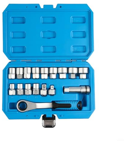 Fauhapyway Juego de llaves de paso de 17 piezas con trinquete reversible, manga hueca de 10 a 24 mm, adaptadores de barra de extensión para reparación de automóviles