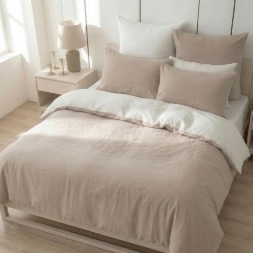 Nesture Bettwäsche 180x200 Baumwolle 3teilig, Beige/Weiß | 100% Baumwolle, gewaschene Leinenoptik, 1x Bettbezug 180x200 + 2x Kissenbezug 80x80cm, Bettwäsche-Sets, Weich & atmungsaktiv