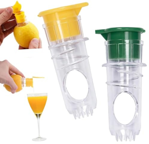 KIMHOME Paquete de 2 exprimidores manuales de cítricos, exprimidor manual amarillo y verde con filtro y tapa integrados, base antideslizante y boquilla fácil de verter para limones, limas y naranjas