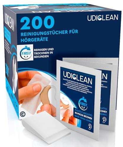 200 Hörgeräte-Reinigungstücher - Udiclean Hörgeräte-Reinigungstücher einzeln verpackt - schnelltrocknende Reinigung entfernt Fett Schweiß Schmutz