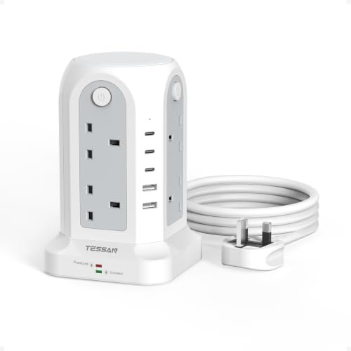 TESSAN Tower Extension Lead with 5 USB Slots, 8 Way Power Strip 2M | Surge Protected Plug Tower with 4 Individual Switch, 2M Cable, 13A 3250W, Multi Plug Adaptor