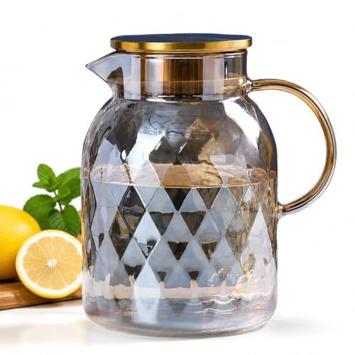 1800 ml Glass Water Pitcher/Teapot with Lid and Filter Borosilicate Glass Jug for Hot and Cold Tea/Drinks Diamond Pattern Iced Tea Jug Fruit Infuser Water Carafe Juice Pitcher Fridge Home Office