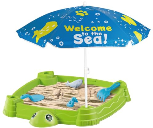 Nukinp Table à Eau avec Parapluie, Table à Eau et Sable en Forme de Tortue, bac Sable de Jeu extérieur avec Couvercle pour Les Tout-Petits