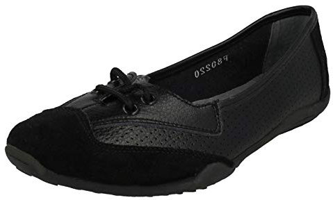 Down To Earth Ladies Flat Comfort Ballerinas - Black Leather - UK Size 3 - EU Size 36 - US Size 5