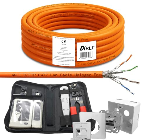 ARLI CAT 7 25m Verlegekabel Netzwerkkabel CAT.7 + 1x Netzwerkdose Cat6a + 1x Werkzeugset Crimpzange Abisoliermesser Tester Netzwerk Werkzeug Set 4 in 1 S/FTP CAT7 PIMF Kabel AWG23/1 Ethernet 25 m