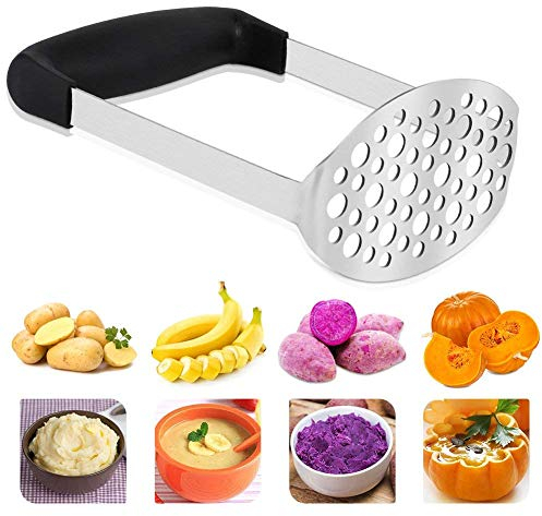Vegena Potato Masher,Smooth Potato Masher Stainless Steel Baby Food Fruit Vegetable Masher with Black Handle for Mashed Vegetables and Fruits