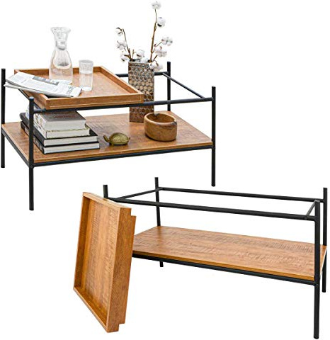 DuneDesign Tavolino da Salotto Industriale con Vassoio in Legno 90x44x50 Tavolo Vintage in Metallo