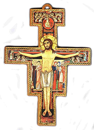 Kustom Art Kruzifix San Damiano auf mehrschichtigem Holz, lackierter Laserdruck, antikes Walnuss-Finish, italienisches Handwerk, Wandbild (17 x 12,5 x 1)