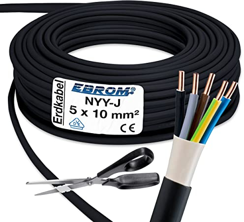EBROM Erdkabel NYY-J 5x10 mm² - Starkstromkabel - PVC Erdleitung - schwarz - Meterware auf den Meter genau - Auswahl in 1 Meter Schritten, viele Längen - NYY-J 5x10 mm2 - Ihre Länge: 15 Meter