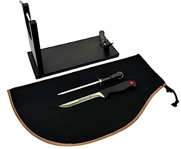 Jamonero Cabezal Fijo Madera + Cubre Jamon Negro + Afilador manual + Cuchillo Jamonero