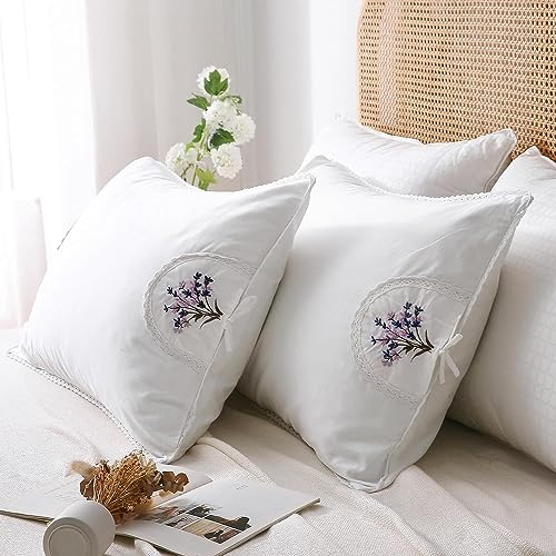 White Embroidery Pillowcases Lavender Flower Pillow Shams with lace 100% Cotton 2-Pack Twin Standard Size (26x20)