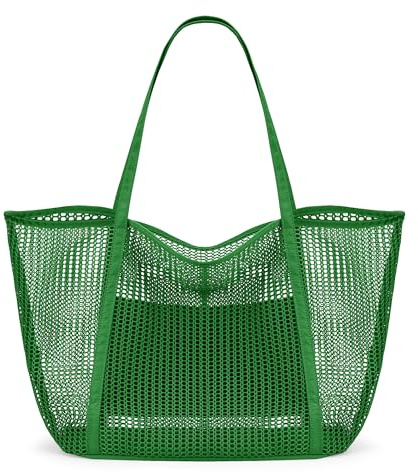 KALIDI FANCY FOREST Foldable Mesh Beach Bag with Zip, 27L Large Mesh Tote Bags for Women Ladies Summer Beach Tote Bag for Holiday Travel,Green
