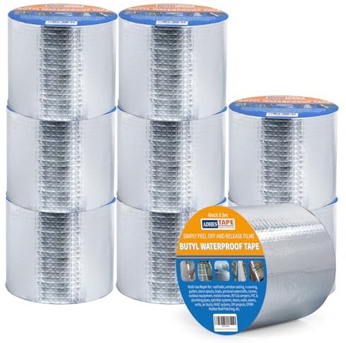 ADHES Ruban Butyle Ruban Etancheite 10cm x 5m x 9 Rouleaux, Épais de 47 mil Ruban Adhésif Aluminium Haute Temperature Ruban de Réparation pour façades, toit, toit plat