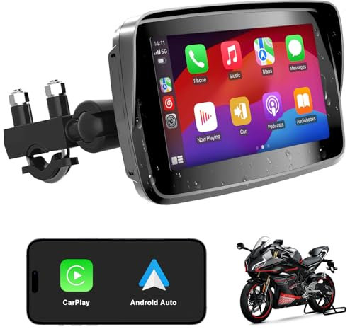 ANKEWAY Senza Fili Schermata Carplay Per Moto, Portatile CarPlay & Android Auto Per Moto, Navigazione GPS Touch Screen da 5 Pollici, Doppio Bluetooth, Stereo Impermeabile IP67 per Moto