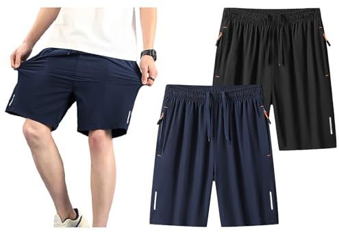 Jamron Herr plus size 2-pack löparshorts lätta snabbtorkande gym atletiska sportshorts med blixtlåsfickor och reflekterande remsa, Svart blå, 4XL