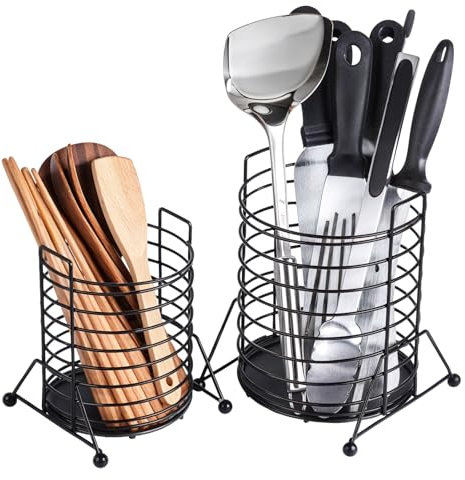 PAVSTINE Pot Ustensiles Cuisine, 2 Pack Egouttoir Couvert, Noir Porte Couvert, Organisateur Couverts à découpe ventilée, pour Ranger et Les Ustensiles de Cuisine