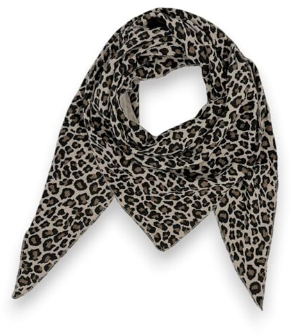 Damen Musselin Tuch Baumwolle Leo Print 195x72 cm Made in Italy (Beige-Braun)