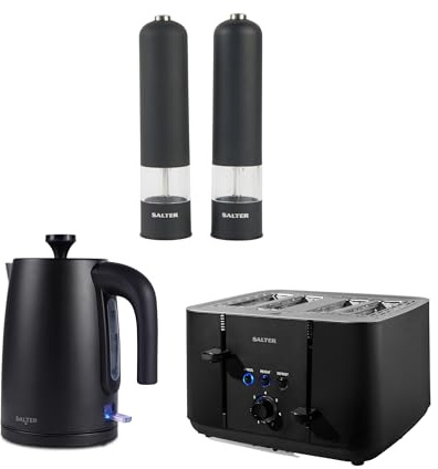 Salter Kuro Kettle, Toaster & Mill Set – Electronic Salt & Pepper Mills, Push to Grind, Ceramic Mechanism, Adjustable Grind, 1.7 Litre 3kW Fast Boil Kettle, 4-Slice Toaster with 7 Browning Levels