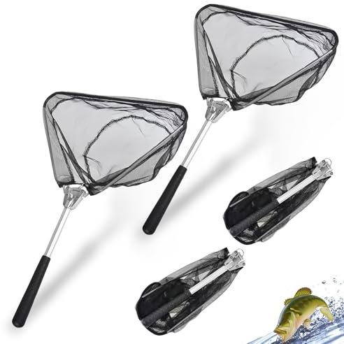 WANDGU Lot de 2 épuisettes pliables avec long manche, épuisette télescopique pêche, étang, piscine, jardin, plage, accessoires de