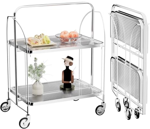 PFCTART Servierwagen mit Rollen, Servierwagen Klappbar, Dinett 2 Tier Ablagekorb aus Temperglas with Wheels, für Küche, Barwagen, Rollwagen Metall, Teewagen, Weinwagen, moderner Getränkewagen