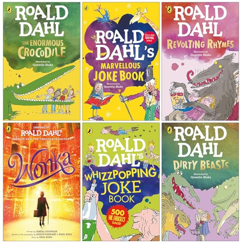 Roald Dahl Collection 6 Books Set (The Enormous Crocodile, Marvellous Joke Book, Revolting Rhymes, Wonka, Whizzpopping Joke Book & Dirty Beasts)