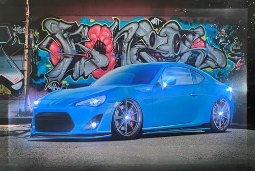Samarkand - Lights LED-Bild mit Beleuchtung LED- Bilder Leinwandbild 65 x 45 cm Leuchtbild SPORTWAGEN/BLAU/Sportscar Wandbild