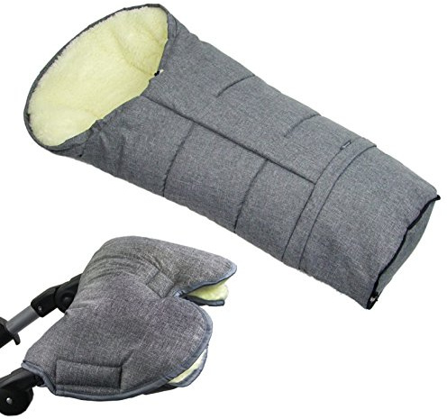 BAMBINIWELT KOMBI-ANGEBOT MUFF + vinterfotväska/MUMIE – av lammull för barnvagn, buggy, slipad Mörkgrå