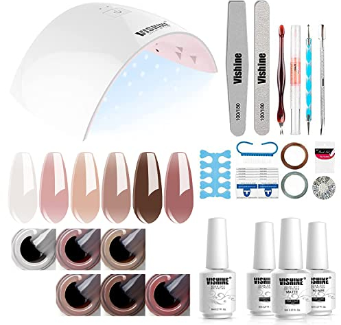 Vishine Nagellack Set Starterset mit Lampe 36W UV Lampe für Gelnägel Starterset 6 Farben Nudefarben UV Nagellack Set Herbst Winter Gellack UV LED Nagellampe Set UV GelNagellack Set #055