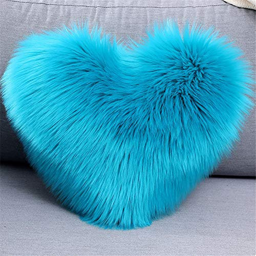 Martin Kench Herzkissen, Schaffell Lammfell Kunstfell Langhaar Zierkissen, Faux Lammfell Schaffell Kissen Dekokissen Zierkissen für Sofa Bett (Blau)