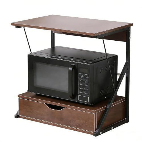 QIHANG-UK 2-Tier Microwave Oven Shelf Stand, Standing Baker's Rack, Over Microwave Shelf Unit with 1 Drawer, Kitchen Countertop Organizer, Kitchen Storage Shelf with Wood Top Metal Frame (Dark Oak)